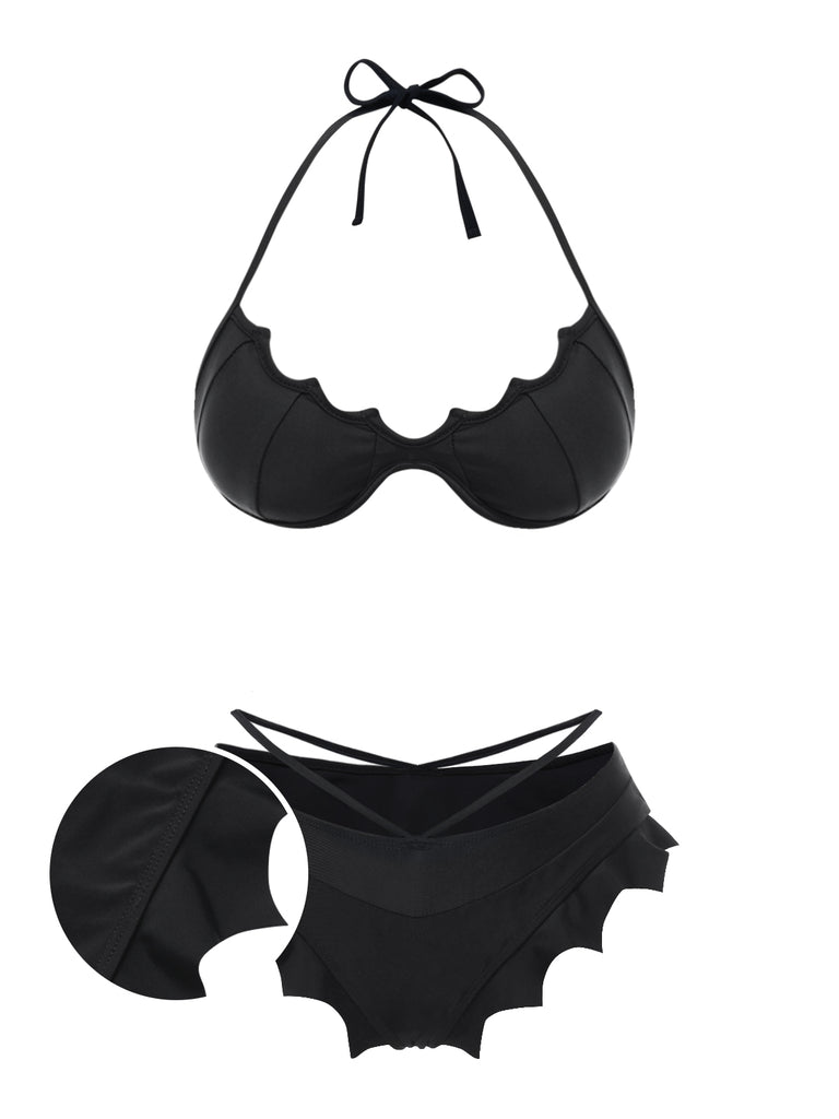 Black 1980s Solid Gothic Bat Wings Bikini Set - vintage fashion, retro style, classic black