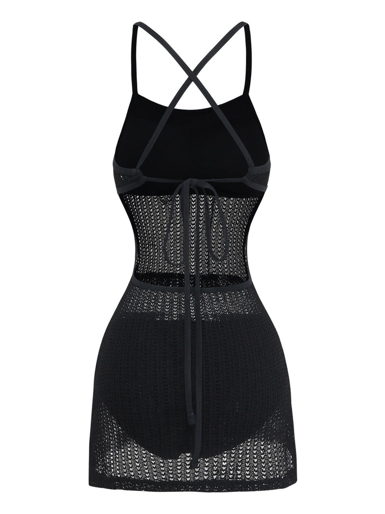 Black 1980s Tie High Waist Knit Tankini 6