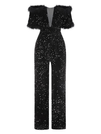 She finds her 1980s story in this Black 1980s V-Neck Feather Sequined Jumpsuit