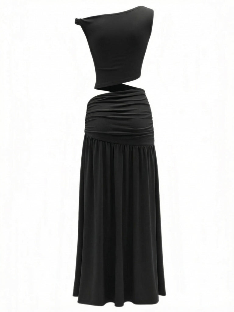 Black 2PCS 1930s Off-Shoulder Top & Slit Ruched Maxi Skirt-back-view