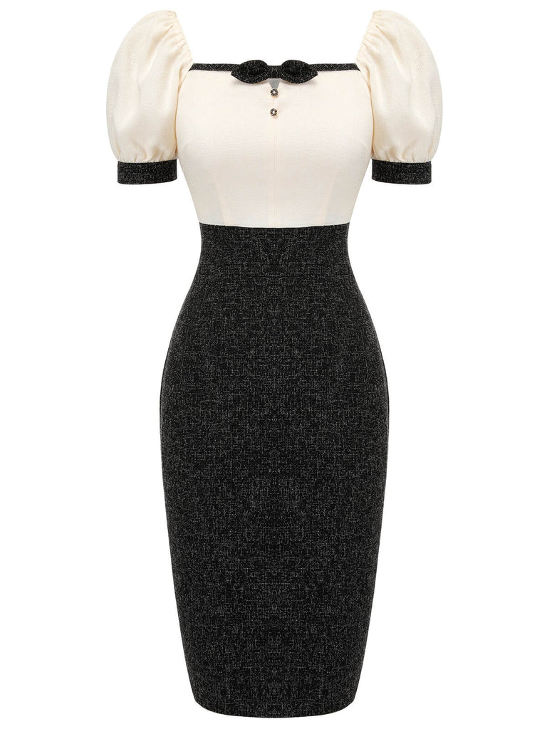Black & Beige 1960s Puff Sleeve Pencil Dress, vintage dress, retro fashion - perfect for women who love vintage and retro fashion