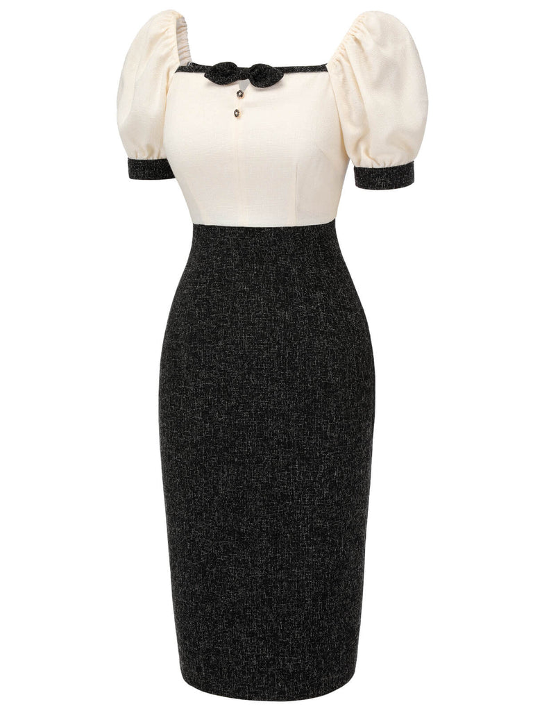 Black & Beige 1960s Puff Sleeve Pencil Dress, vintage dress, retro fashion - perfect for women who love vintage and retro fashion