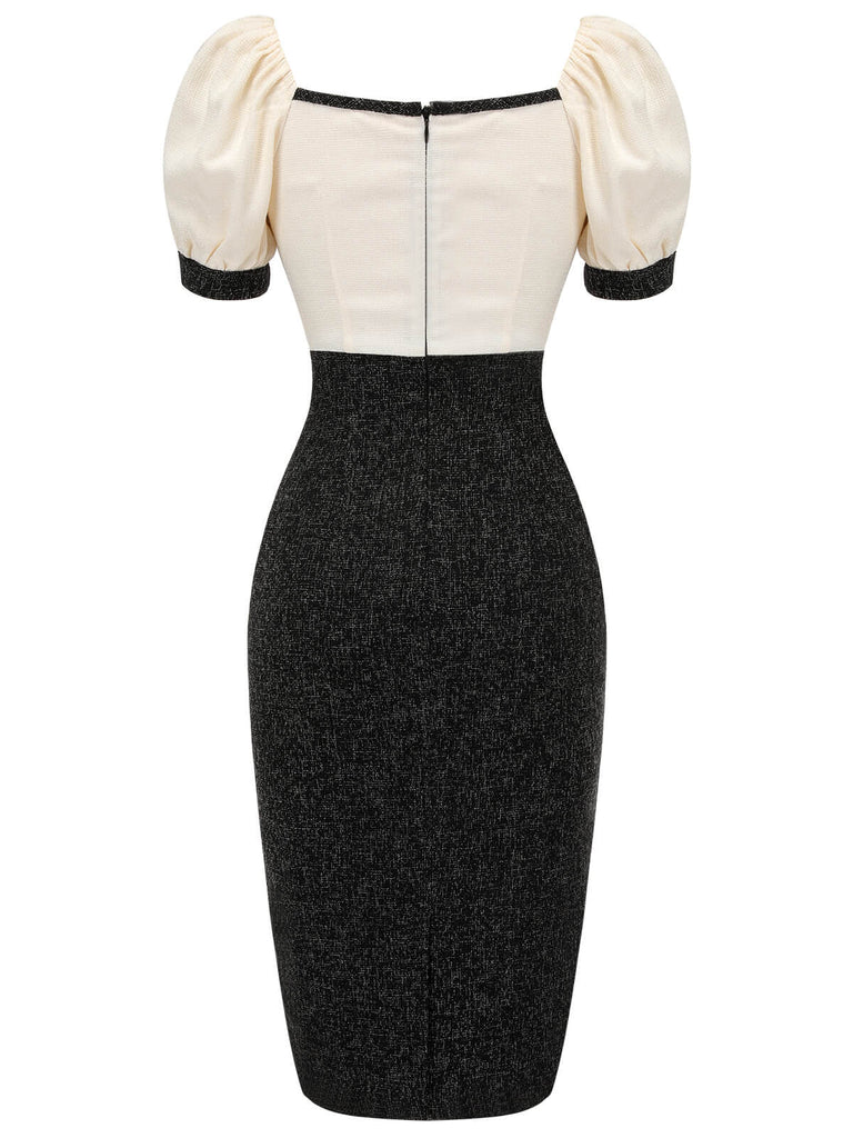 Black & Beige 1960s Puff Sleeve Pencil Dress, vintage dress, retro fashion - perfect for women who love vintage and retro fashion