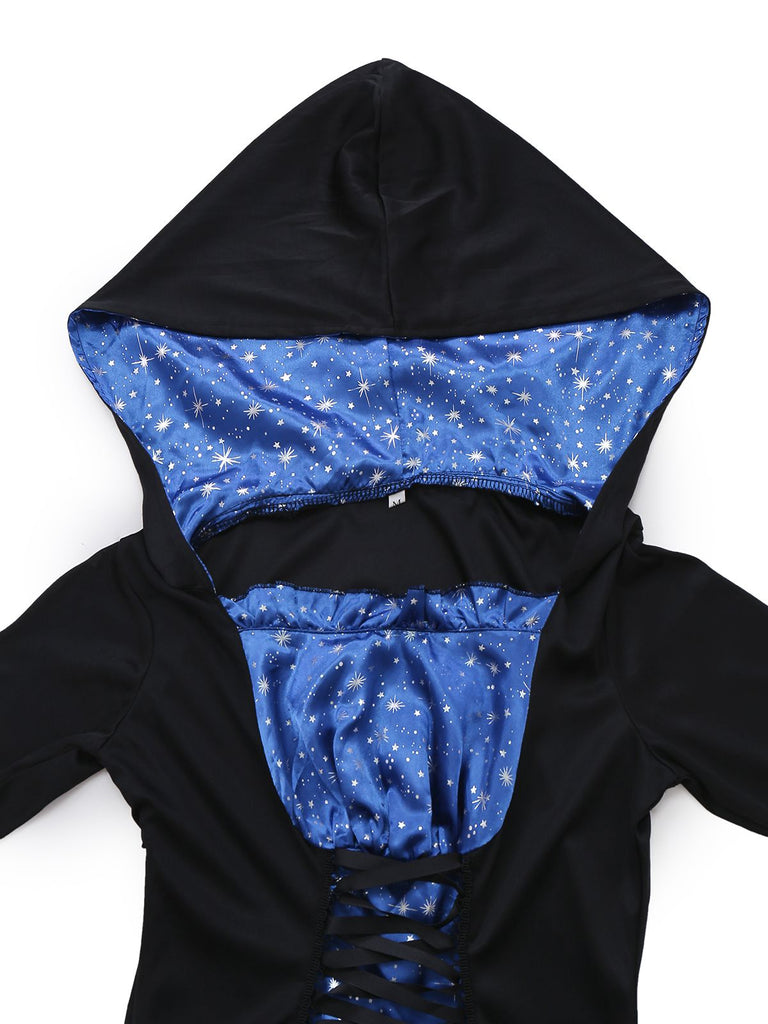 Black & Blue 1930s Witch Lace-Up Hooded Dress - vintage dress, retro fashion, classic black