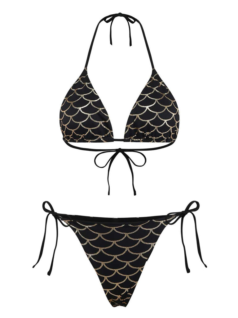 Black Gold 1970s Halter Mermaid Scale Bikini Set: beautiful vintage swimwear, retro swimsuit, pin-up style with timeless appeal