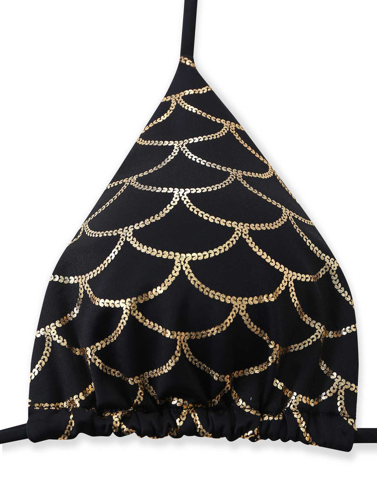 Black Gold 1970s Halter Mermaid Scale Bikini Set: beautiful vintage swimwear, retro swimsuit, pin-up style with timeless appeal