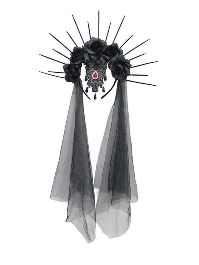 Black Gothic Rose Veil Headpiece with Spikes, vintage fashion, retro style - vintage inspired fashion