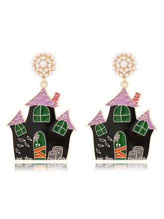 She adds this Black Halloween Cartoon Haunted House Earrings and suddenly it's vintage perfection