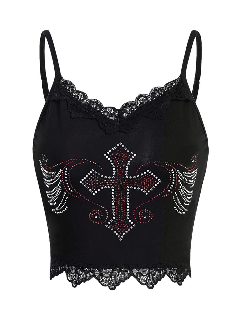 She pairs this Black Halloween Cross Rhinestone Camisole with confidence and vintage charm