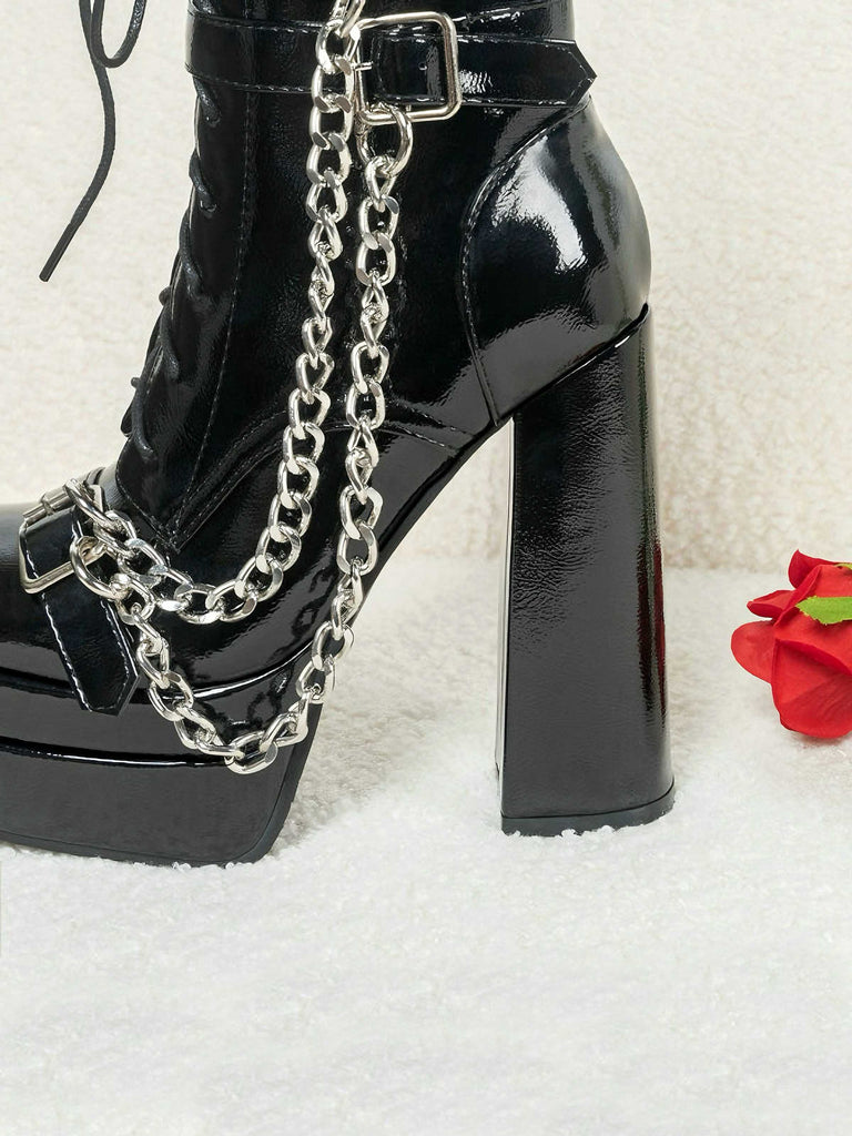 Black Patent Chains Gothic High Heels Boots - vintage shoes, retro heels, classic black