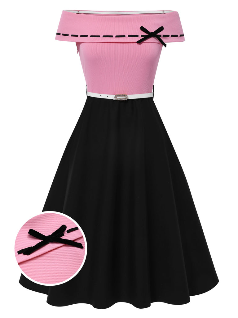 [Pre-Sale] Black & Pink 1950s Off-Shoulder Bow Patchwork Dress, vintage dress, retro fashion, rockabilly, pin-up fashion - perfect for women who love vintage and retro fashion
