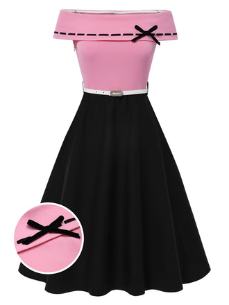 [Pre-Sale] Black & Pink 1950s Off-Shoulder Bow Patchwork Dress, vintage dress, retro fashion, rockabilly, pin-up fashion - perfect for women who love vintage and retro fashion
