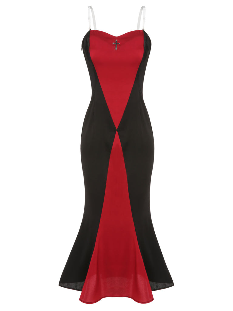 Black & Red 1930s Halloween Fishtail Strap Dress, vintage dress, retro fashion - perfect for women who love vintage and retro fashion