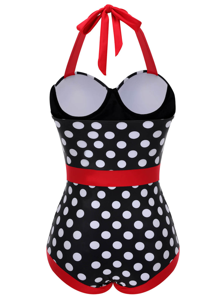 Black & Red 1950s Dots Halter Swimsuit, vintage swimsuit, pin-up swimwear - perfect for women who love vintage and retro fashion