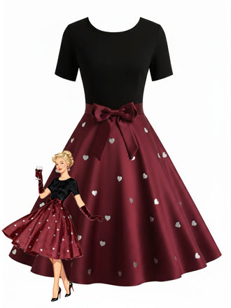 Black & Red 1950s Heart Bow Swing Dress - vintage dress, retro fashion, rockabilly