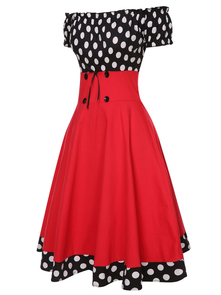 Black & Red 1950s Polka Dots Off Shoulder Dress, vintage dress, retro fashion, rockabilly, pin-up fashion - perfect for women who love vintage and retro fashion