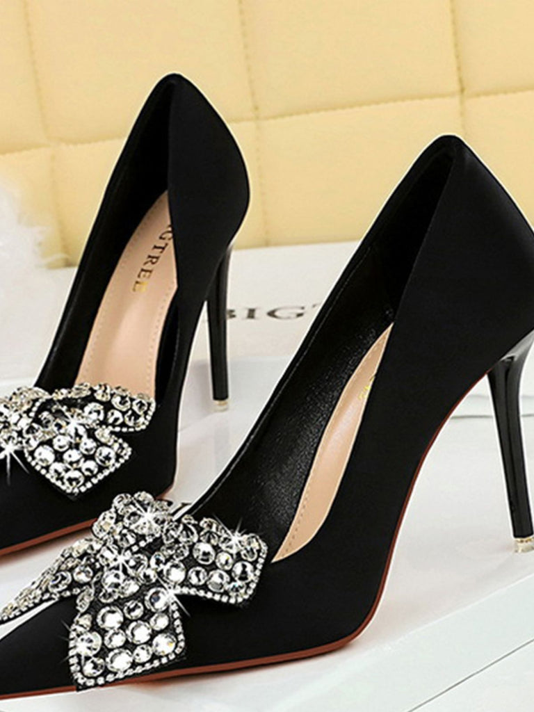 Black Rhinestone Satin Pointed Toe Stiletto Heels — vintage vintage charm for her modern wardrobe