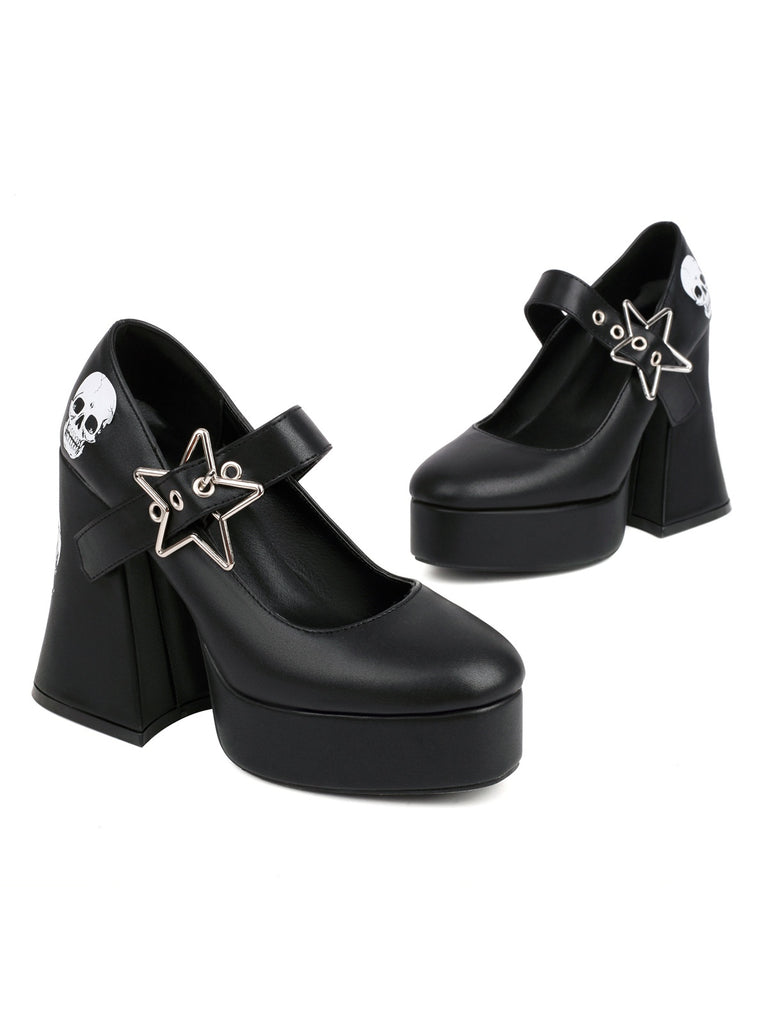 She finds her vintage story in this Black Skull Buckle Strap Platform Chunky Shoes