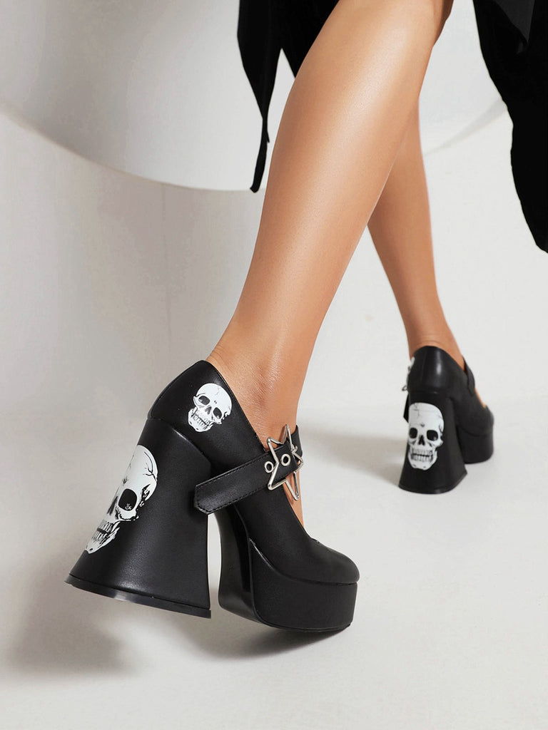 Black Skull Buckle Strap Platform Chunky Shoes — vintage vintage charm for her modern wardrobe