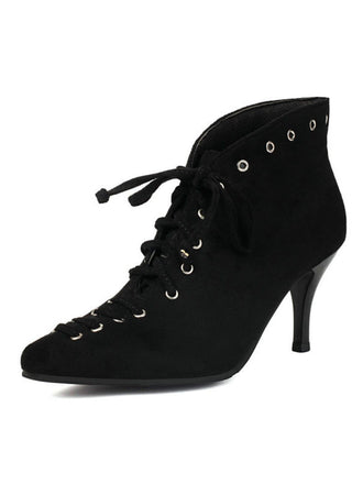 Black high-heeled shoe with lace-up design on a white background