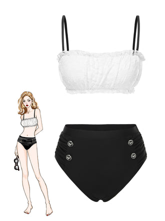 Black & White 1930s Colorblock Lace Bikini Set - vintage fashion, retro style, classic black