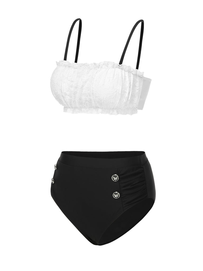 Black & White 1930s Colorblock Lace Bikini Set - vintage fashion, retro style, classic black