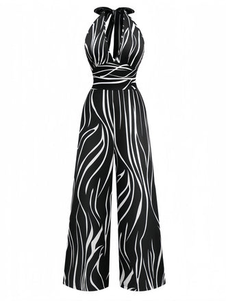 Black & White 1930s Irregular Print Halter Jumpsuit - vintage jumpsuit, retro fashion, classic black