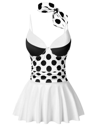 Black & White 1940s Polka Dots Patchwork Swimsdress, vintage dress, retro fashion - perfect for women who love vintage and retro fashion