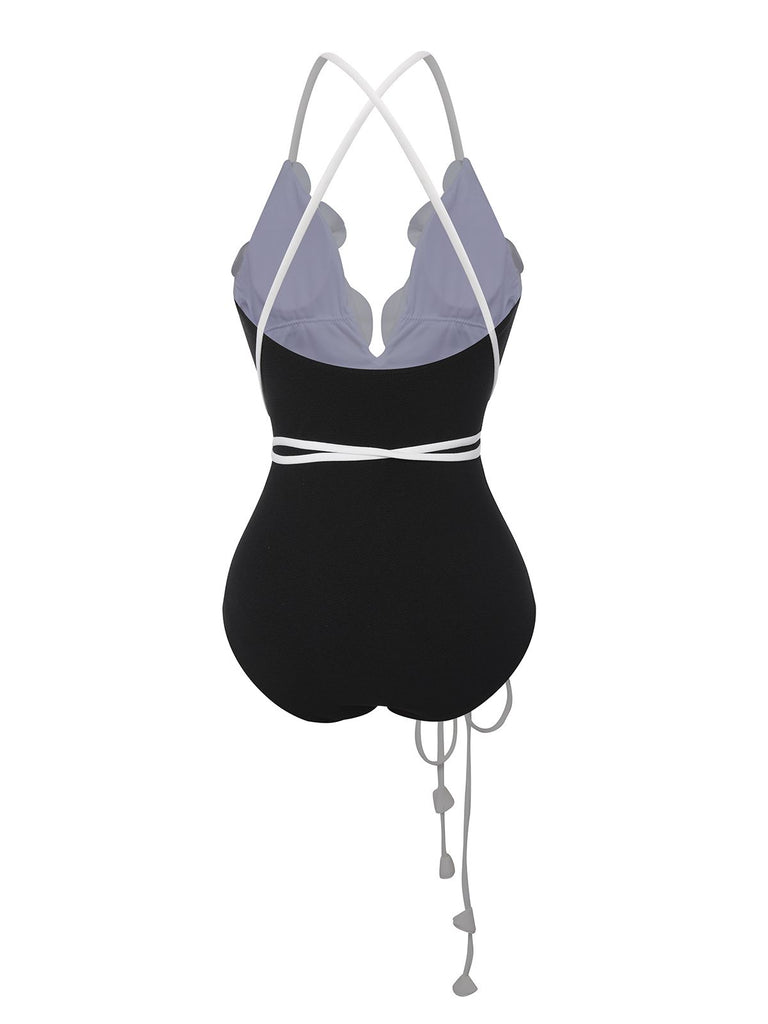 Black & White 1950s 3D Flowers Lace-Up Swimsuit, vintage swimsuit, pin-up swimwear - perfect for women who love vintage and retro fashion