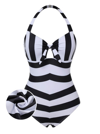 She's wearing Black & White 1950s Barbie Stripes Halter Swimsuit and the whole beach remembers the 1950s