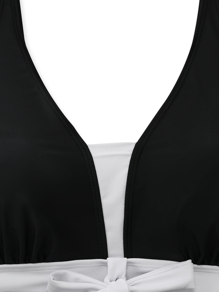 Black 1950s Colorblock Tropical Tankini Set 5