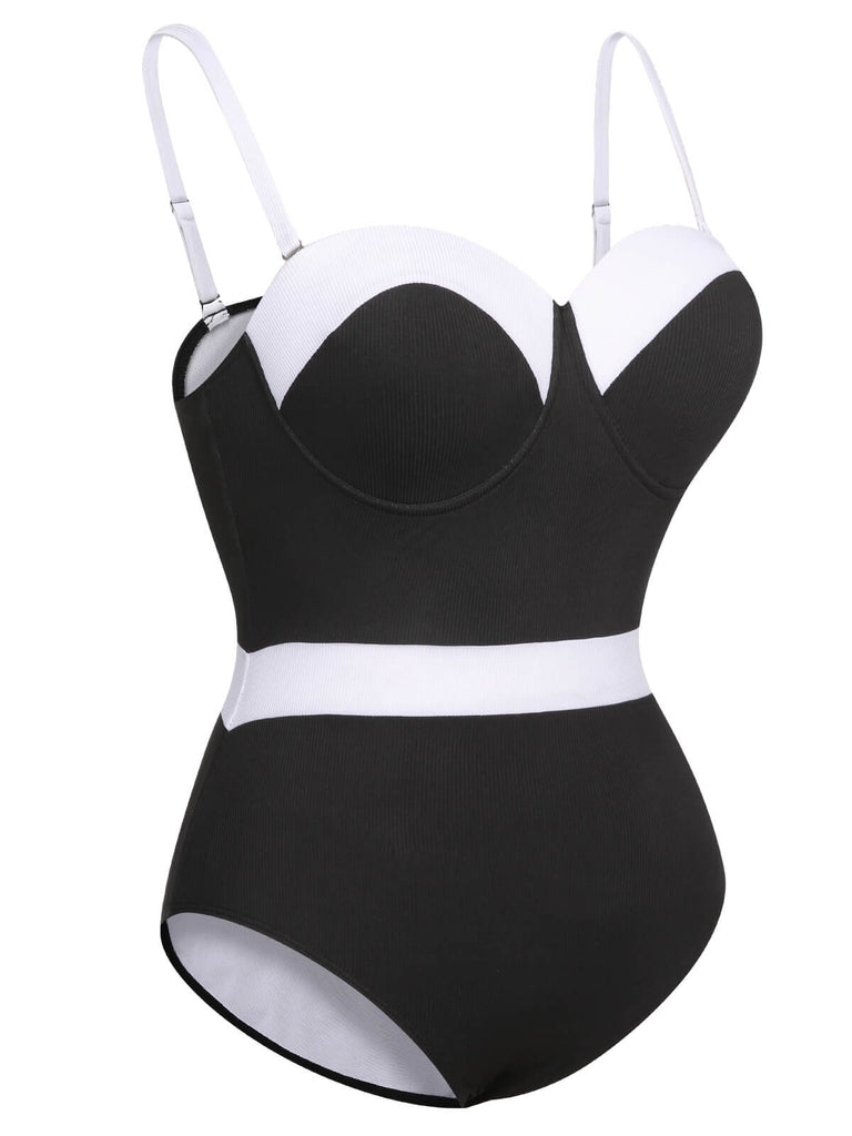 [Plus Size] Black & White 1950s Patchwork Strap Swimsuit, vintage swimsuit, pin-up swimwear - perfect for women who love vintage and retro fashion