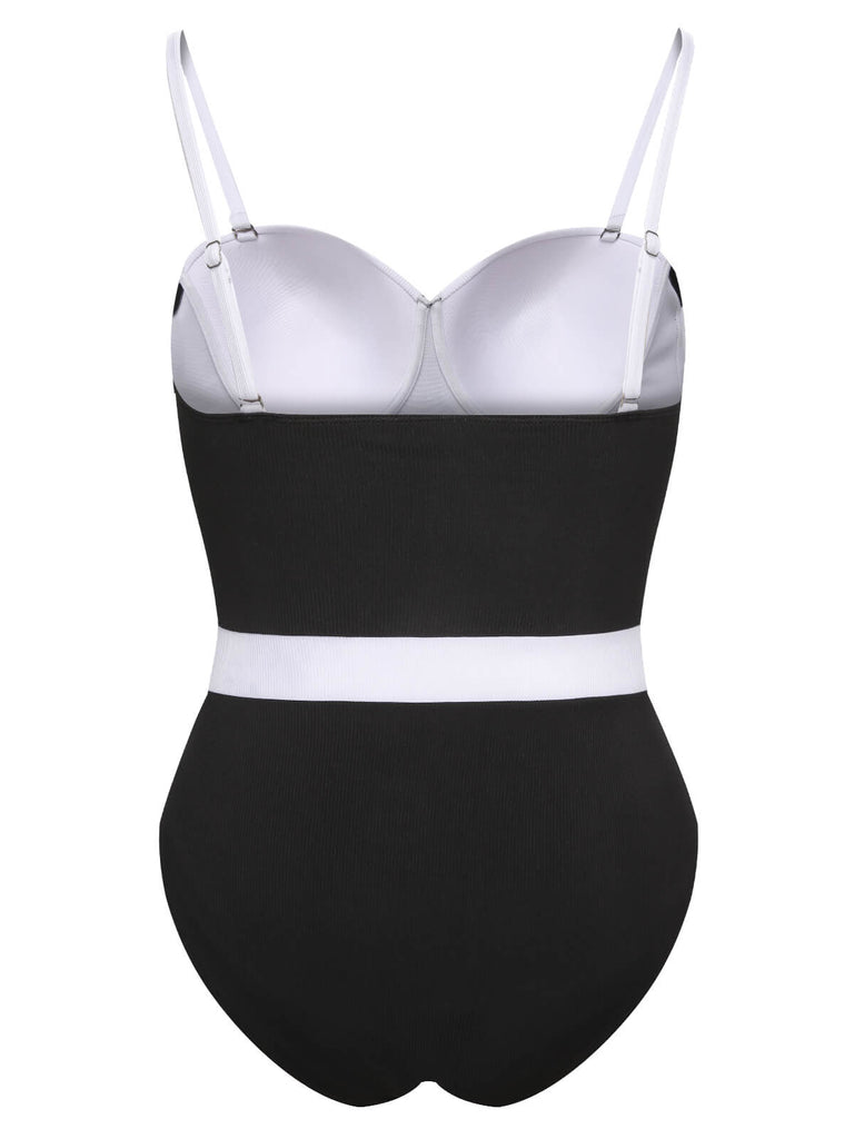 [Plus Size] Black & White 1950s Patchwork Strap Swimsuit, vintage swimsuit, pin-up swimwear - perfect for women who love vintage and retro fashion