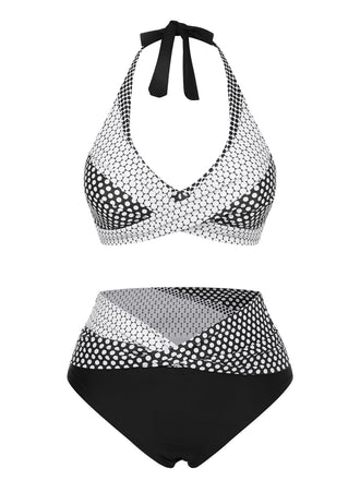 Black & White 1950s Polka Dot Halter Swimsuit, vintage swimsuit, pin-up swimwear - perfect for women who love vintage and retro fashion