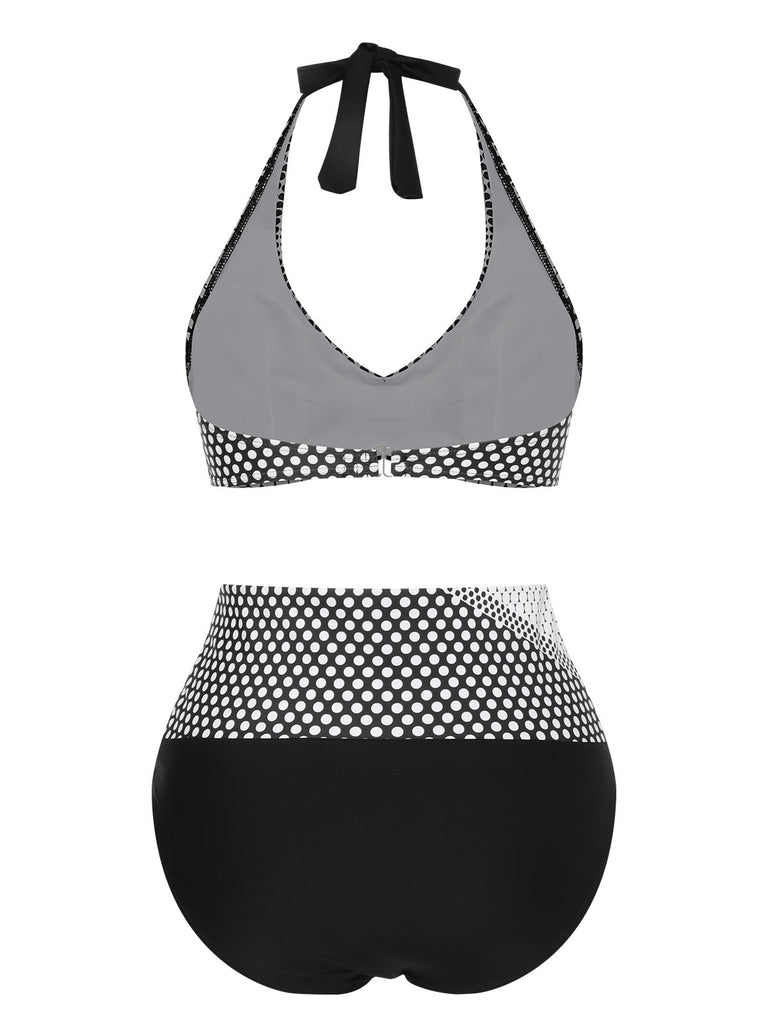 Black & White 1950s Polka Dot Halter Swimsuit, vintage swimsuit, pin-up swimwear - perfect for women who love vintage and retro fashion