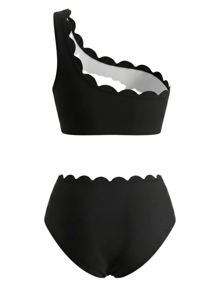 Black White 1950s Scalloped One Shoulder Bikini Set, vintage swimsuit, pin-up swimwear - perfect for women who love vintage and retro fashion