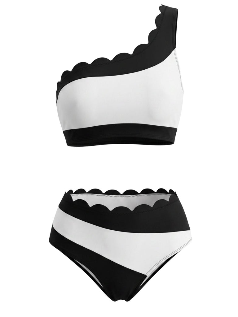 Black White 1950s Scalloped One Shoulder Bikini Set, vintage swimsuit, pin-up swimwear - perfect for women who love vintage and retro fashion