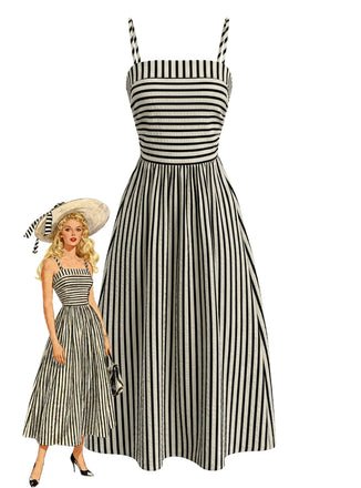 Black White 1950s Spaghetti Strap Long Dress - vintage dress, retro fashion, rockabilly