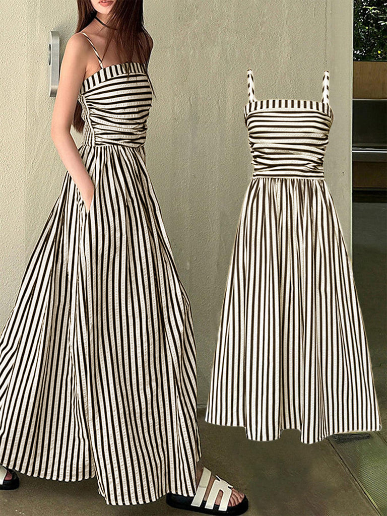 Black White 1950s Spaghetti Strap Long Dress - vintage dress, retro fashion, rockabilly