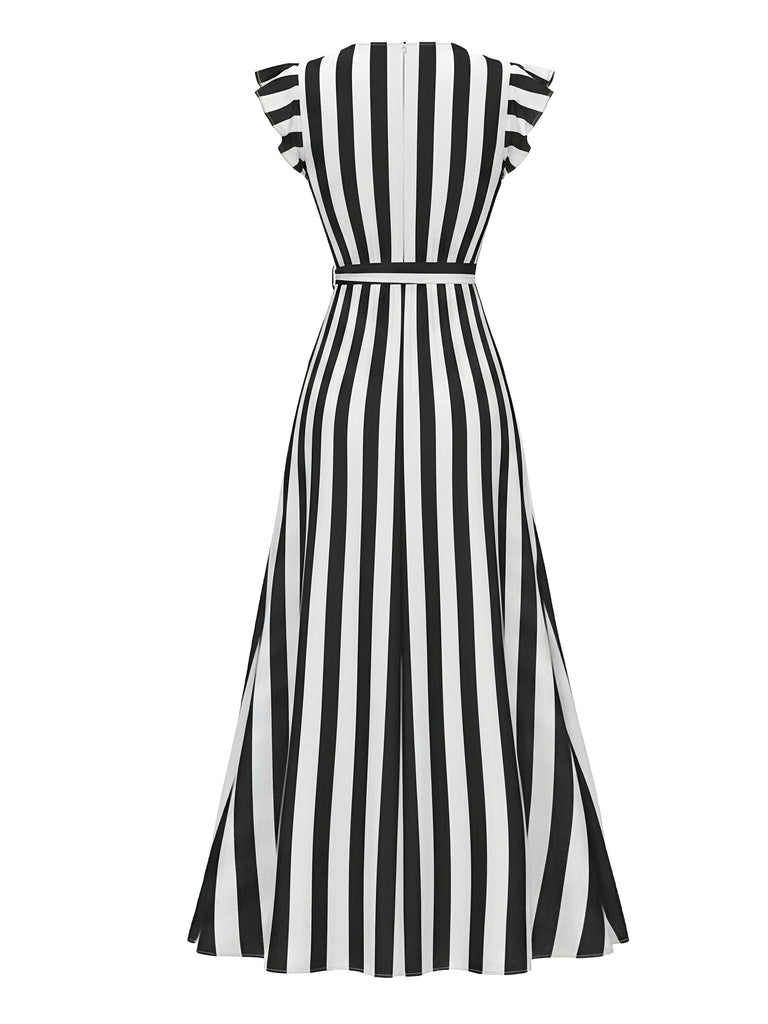 [Pre-Sale] Black White 1950s V-Neck Ruffle Belted Swing Dress, vintage dress, retro fashion, rockabilly, pin-up fashion - perfect for women who love vintage and retro fashion
