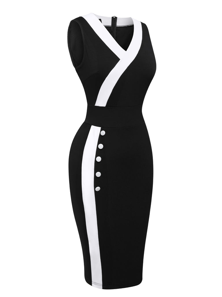 Black & White 1960s Button V-Neck Patchwork Dress, vintage dress, retro fashion - perfect for women who love vintage and retro fashion
