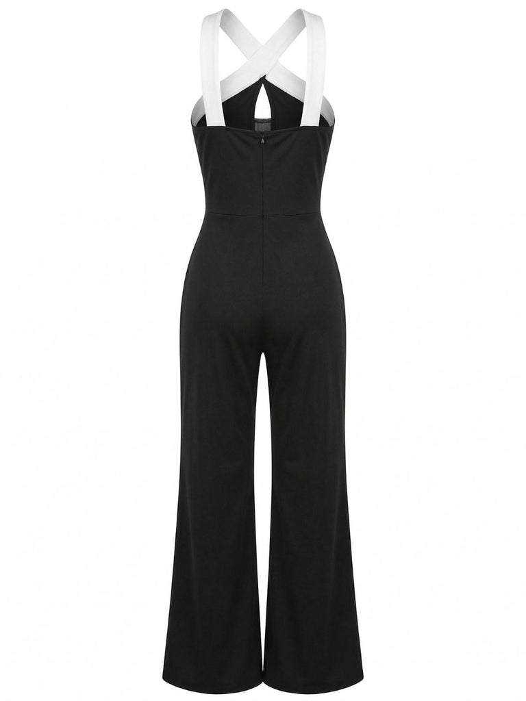 Black & White 1960s Contrast Halter Wide-Leg Jumpsuit | vintage romper, retro jumpsuit, playful style - perfect for retro fashion enthusiasts
