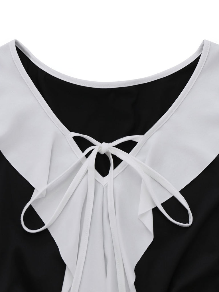Black & White 1960s Ruffled Peplum Dress - vintage dress, retro fashion, classic black
