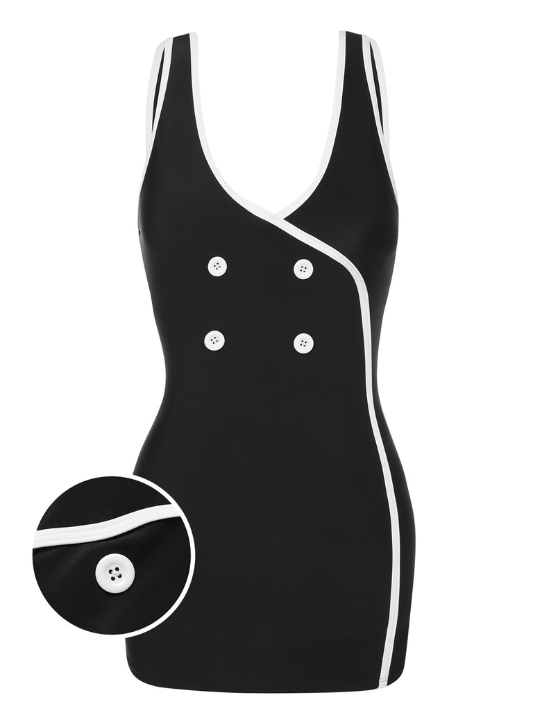 Black & White 1960s Solid Contrast Binding Swimsuit, vintage swimsuit, pin-up swimwear - perfect for women who love vintage and retro fashion