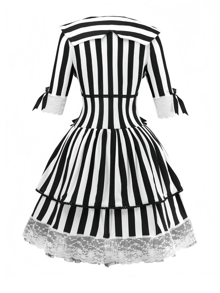 Black & White 1970s Lace Patchwork Stripe Dress - vintage dress, retro fashion, classic black