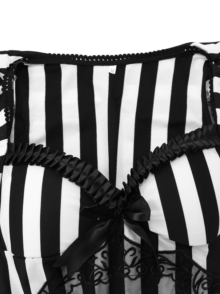Black & White 1970s Lace Patchwork Stripe Dress - vintage dress, retro fashion, classic black