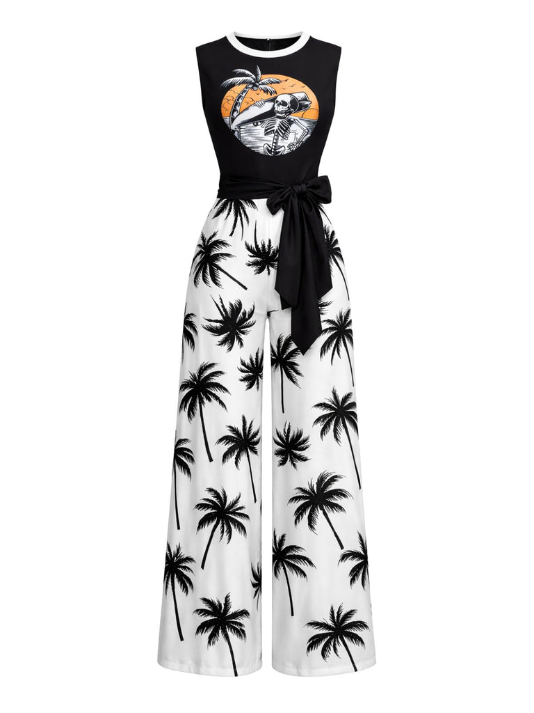 Black & White 1970s Palm Tree Skeleton Surfer Jumpsuit - vintage romper, retro jumpsuit, playful style for vintage lovers