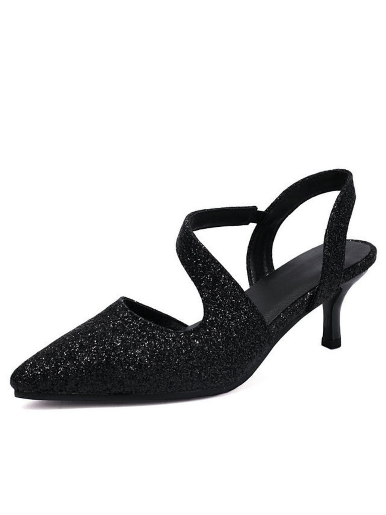 Elegant vintage-inspired shimmer kitten heel pumps with pointed toe design, perfect for professional office wear and formal occasions