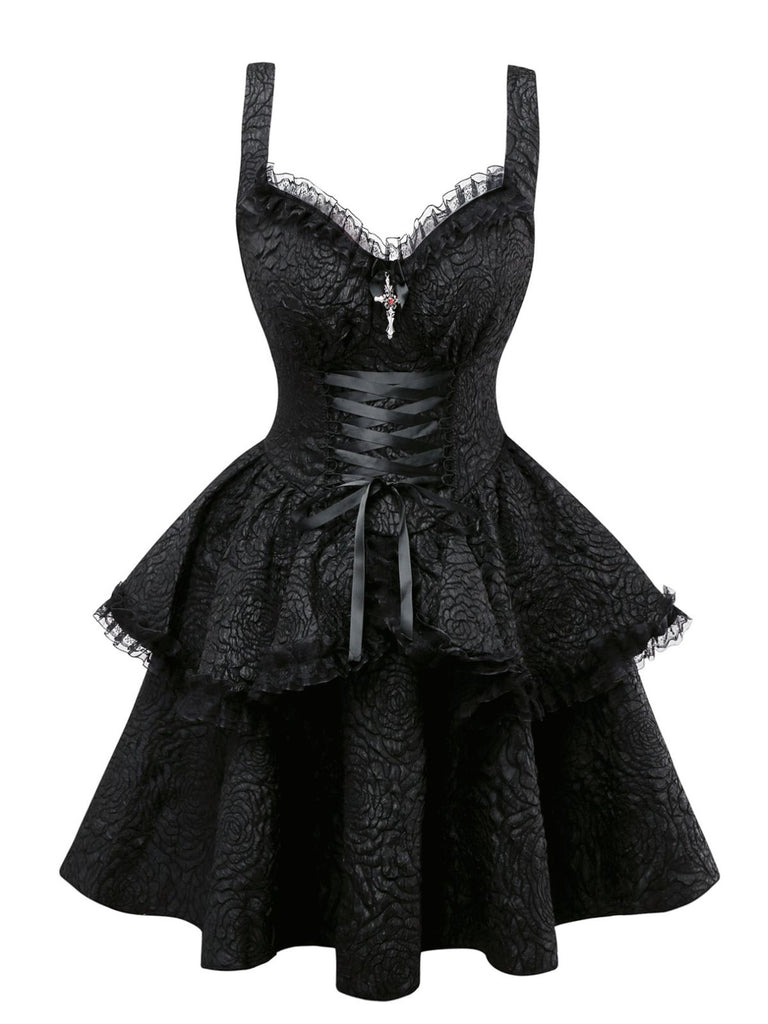 Black 1950s Gothic Lace Panel Bow Tie Lace-up Dress - vintage dress, retro fashion, rockabilly