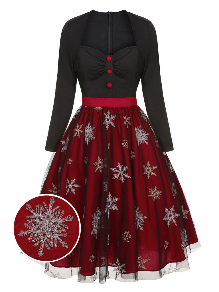 Black&Red 1950s Christmas Snowflake Mesh Dress, vintage dress, retro fashion, rockabilly, pin-up fashion - perfect for women who love vintage and retro fashion